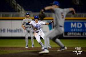 Creighton Bluejay infielder Ben North (11) leads off of second as South Dakota State Jackrabbit pitcher Brady Hawkins (5) throws a pitch in the sixth inning during a college baseball game Tuesday, March 18, 2025 in Omaha, Nebraska. Photo by John S. Peterson.