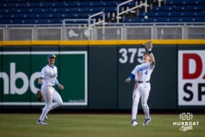 Creighton Bluejay outfielder Teddy Deters (4) makes a catch for an out against the South Dakota State Jackrabbits in the fifth during a college baseball game Tuesday, March 18, 2025 in Omaha, Nebraska. Photo by John S. Peterson.