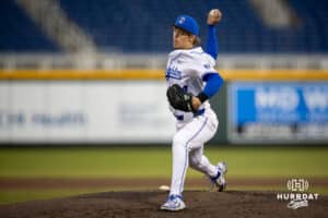 Creighton Bluejay Ian Koosman (24) throws a pitch in the fifth against the South Dakota State Jackrabbits during a college baseball game Tuesday, March 18, 2025 in Omaha, Nebraska. Photo by John S. Peterson.