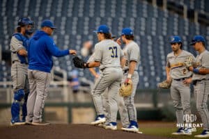 South Dakota State Jackrabbit Keagen Jirschele (37) comes in to pitch against the Creighton Bluejays during a college baseball game Tuesday, March 18, 2025 in Omaha, Nebraska. Photo by John S. Peterson.