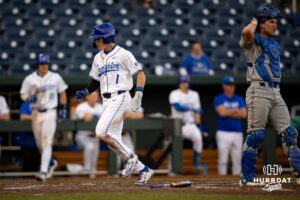 Creighton Bluejay outfielder Nolan Sailors (1) scores a run against South Dakota State Jackrabbits catcher Mason Lang in the fourth inning during a college baseball game Tuesday, March 18, 2025 in Omaha, Nebraska. Photo by John S. Peterson.