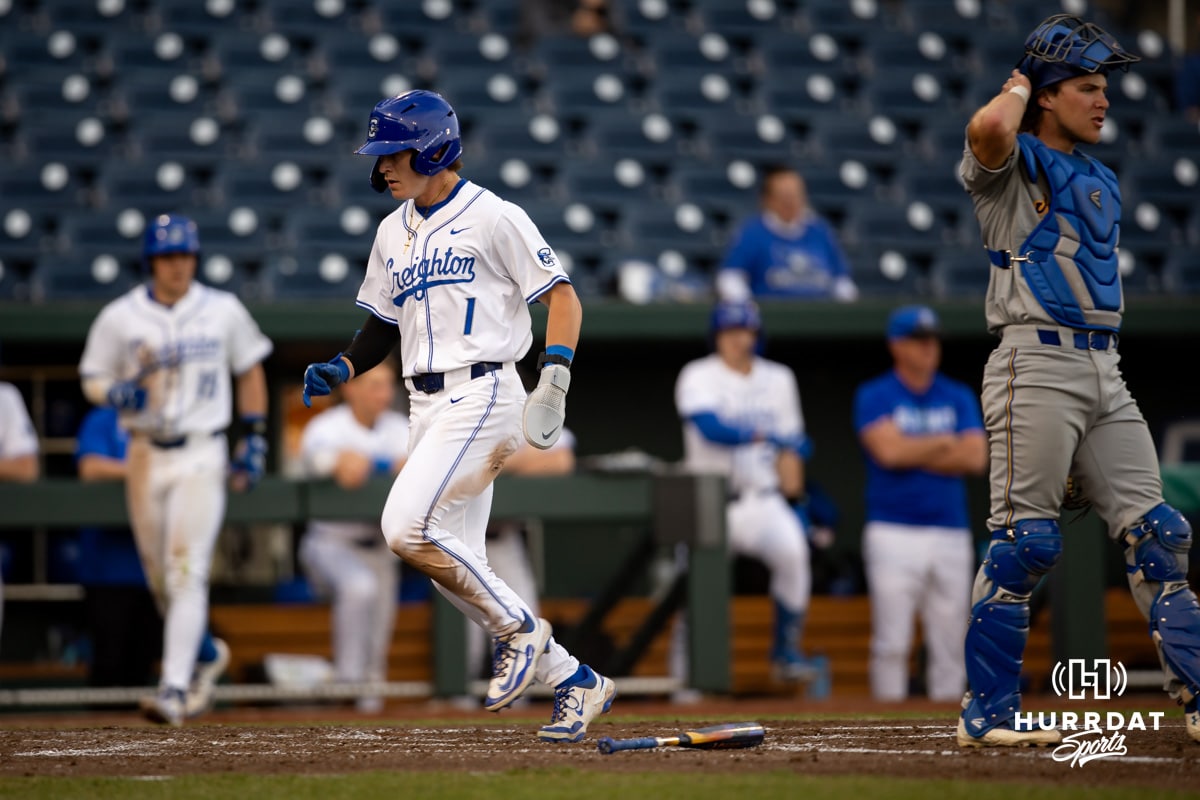 Creighton Baseball v South Dakota State | March 18, 2025 Creighton Bluejay outfielder Nolan Sailors (1) scores a run against South Dakota State Jackrabbits catcher Mason Lang in the fourth inning during a college baseball game Tuesday, March 18, 2025 in Omaha, Nebraska. Photo by John S. Peterson.