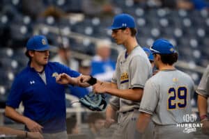 South Dakota State Jackrabbit pitcher Tristan Augedahl (33) retires in the fourth against the Creighton Bluejays during a college baseball game Tuesday, March 18, 2025 in Omaha, Nebraska. Photo by John S. Peterson.