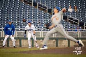 Creighton Bluejay outfielder Nolan Sailors (1) leads off of third as South Dakota State Jackrabbit pitcher Tristan Augedahl (33) throws a pitch in the fourth inning during a college baseball game Tuesday, March 18, 2025 in Omaha, Nebraska. Photo by John S. Peterson.