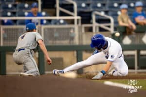 Creighton Bluejay outfielder Nolan Sailors (1) slides to third against South Dakota State Jackrabbit infielder Nolan Grawe (4) in the fourth during a college baseball game Tuesday, March 18, 2025 in Omaha, Nebraska. Photo by John S. Peterson.