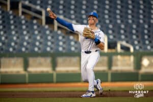 Creighton Bluejay infielder Ben North (11) throws to first for an out against the South Dakota State Jackrabbits in the third inning during a college baseball game Tuesday, March 18, 2025 in Omaha, Nebraska. Photo by John S. Peterson.