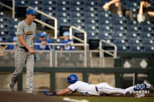 Creighton Bluejay infielder Kyle Hess (15) triples in the bottom of the second against the South Dakota State Jackrabbits during a college baseball game Tuesday, March 18, 2025 in Omaha, Nebraska. Photo by John S. Peterson.