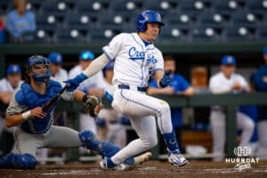 Creighton Bluejay infielder Kyle Hess (15) triples in the bottom of the second against the South Dakota State Jackrabbits during a college baseball game Tuesday, March 18, 2025 in Omaha, Nebraska. Photo by John S. Peterson.