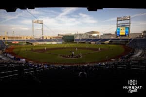 Creighton Bluejays takes on South Dakota State Jackrabbits on an evening with great weather dispite a blizzard in the forecast for the next day during a college baseball game Tuesday, March 18, 2025 in Omaha, Nebraska. Photo by John S. Peterson.