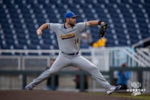 South Dakota State Jackrabbit starting pitcher Dylan Richey (14) throws a pitch against the Creighton Bluejays during a college baseball game Tuesday, March 18, 2025 in Omaha, Nebraska. Photo by John S. Peterson.