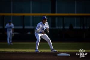 Creighton Bluejay infielder Kyle Hess (15) ready for a hit at second base against the South Dakota State Jackrabbits during a college baseball game Tuesday, March 18, 2025 in Omaha, Nebraska. Photo by John S. Peterson.