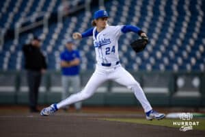 Creighton Bluejay Ian Koosman (24) throws a pitch against the South Dakota State Jackrabbits during a college baseball game Tuesday, March 18, 2025 in Omaha, Nebraska. Photo by John S. Peterson.