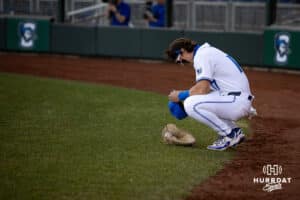 Creighton Bluejay infielder Will MacLean (17) takes a moment before taking the field to take on the South Dakota State Jackrabbits during a college baseball game Tuesday, March 18, 2025 in Omaha, Nebraska. Photo by John S. Peterson.