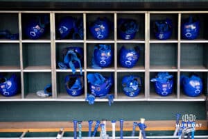 Creighton Bluejays helmets stored ready for the game against theSouth Dakota State Jackrabbits during a college baseball game Tuesday, March 18, 2025 in Omaha, Nebraska. Photo by John S. Peterson.