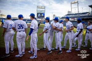 Creighton Bluejays prepare to take on the South Dakota State Jackrabbits during a college baseball game Tuesday, March 18, 2025 in Omaha, Nebraska. Photo by John S. Peterson.