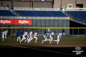Creighton Bluejays warming up to take on the South Dakota State Jackrabbits during a college baseball game Tuesday, March 18, 2025 in Omaha, Nebraska. Photo by John S. Peterson.