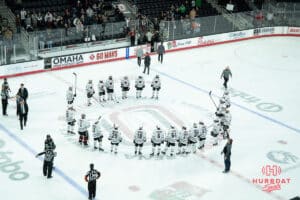 Omaha Mavericks after a college hockey game against North Dakota on March 15th, 2025 in Omaha Nebraska. Photo by Brandon Tiedemann.