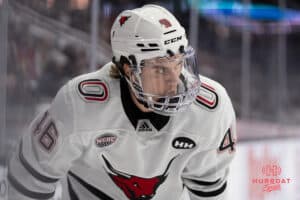 Omaha Mavericks Dylan Gratton prepares for a face off during a college hockey game against North Dakota on March 15th, 2025 in Omaha Nebraska. Photo by Brandon Tiedemann.