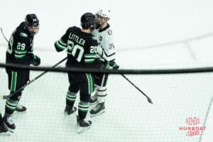Omaha Mavericks Myles Hilman sizes up an opponent during a college hockey game against North Dakota on March 15th, 2025 in Omaha Nebraska. Photo by Brandon Tiedemann.
