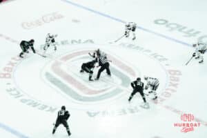 Omaha Mavericks prepare for the second half puck drop during a college hockey game against North Dakota on March 15th, 2025 in Omaha Nebraska. Photo by Brandon Tiedemann.