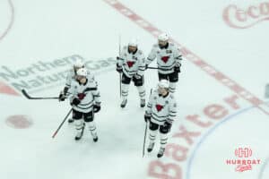 Omaha Mavericks during a college hockey game against North Dakota on March 15th, 2025 in Omaha Nebraska. Photo by Brandon Tiedemann.