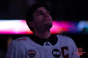 Omaha Mavericks Nolan Krenzen before a college hockey game against North Dakota on March 15th, 2025 in Omaha Nebraska. Photo by Brandon Tiedemann.