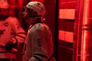 Omaha Mavericks Joe Gramer before a college hockey game against North Dakota on March 15th, 2025 in Omaha Nebraska. Photo by Brandon Tiedemann.