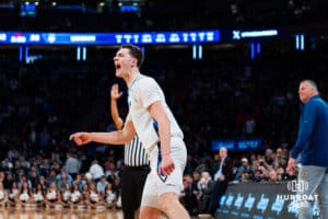 Creighton Bluejay center Ryan Kalkbrenner (11) reacts to a play against the Connecticut Huskies during the semi-final round in the Big East Tournament Friday, March 14, 2025, New York, New York. Photo by Jordan Arnold.