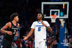 Creighton Bluejay guard Jamiya Neal (5) celebrates a three-point shot against the Connecticut Huskies during the semi-final round in the Big East Tournament Friday, March 14, 2025, New York, New York. Photo by Jordan Arnold.