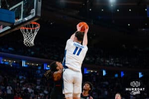 Creighton Bluejay center Ryan Kalkbrenner (11) drives to the basket against the Connecticut Huskies during the semi-final round in the Big East Tournament Friday, March 14, 2025, New York, New York. Photo by Jordan Arnold.