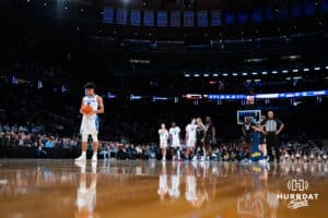 Creighton Bluejay forward Jasen Green (0) prepares to shot a freethrow against the Connecticut Huskies during the semi-final round in the Big East Tournament Friday, March 14, 2025, New York, New York. Photo by Jordan Arnold.