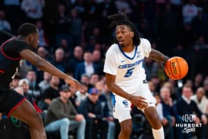 Creighton Bluejay guard Jamiya Neal (5) dribbles the ball against the Connecticut Huskies during the semi-final round in the Big East Tournament Friday, March 14, 2025, New York, New York. Photo by Jordan Arnold.