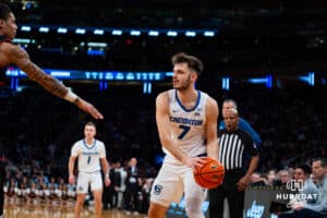 Creighton Bluejay guard Fedor Zugic (7) looks to pass against the Connecticut Huskies during the semi-final round in the Big East Tournament Friday, March 14, 2025, New York, New York. Photo by Jordan Arnold.