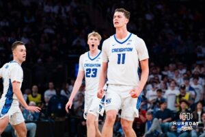 Creighton Bluejay center Ryan Kalkbrenner (11) celebrates a play against the Connecticut Huskies during the semi-final round in the Big East Tournament Friday, March 14, 2025, New York, New York. Photo by Jordan Arnold.