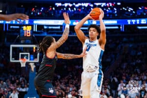 Creighton Bluejay forward Jasen Green (0) looks to pass against the Connecticut Huskies during the semi-final round in the Big East Tournament Friday, March 14, 2025, New York, New York. Photo by Jordan Arnold.