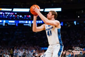 Creighton Bluejay forward Isaac Traudt (41) makes a basket against the Connecticut Huskies during the semi-final round in the Big East Tournament Friday, March 14, 2025, New York, New York. Photo by Jordan Arnold.