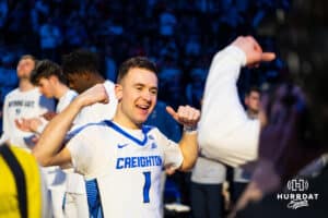 Creighton Bluejay guard Steven Ashworth (1) flexes when introduced against the Connecticut Huskies during the semi-final round in the Big East Tournament Friday, March 14, 2025, New York, New York. Photo by Jordan Arnold.