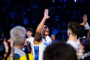 Creighton Bluejay forward Jasen Green (0) gives a high five against the Connecticut Huskies during the semi-final round in the Big East Tournament Friday, March 14, 2025, New York, New York. Photo by Jordan Arnold.