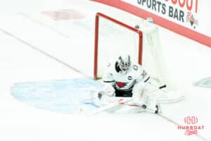 Omaha Mavericks Simon Latkoczy blocks a shot during a college hockey game against North Dakota on March 14th, 2025 in Omaha Nebraska. Photo by Brandon Tiedemann.