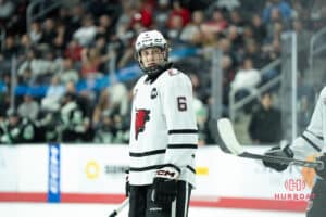 Omaha Mavericks Zach Urdahl waits for puck drop during a college hockey game against North Dakota on March 14th, 2025 in Omaha Nebraska. Photo by Brandon Tiedemann.