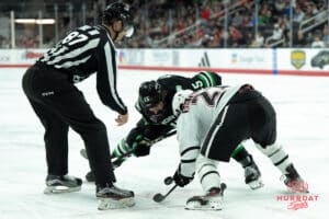 Omaha Mavericks Tyler Rollwagen faces off during a college hockey game against North Dakota on March 14th, 2025 in Omaha Nebraska. Photo by Brandon Tiedemann.