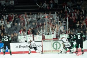Omaha Mavericks Harrison Israels celebrates a goal during a college hockey game against North Dakota on March 14th, 2025 in Omaha Nebraska. Photo by Brandon Tiedemann.