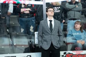 Omaha Mavericks head coach Mike Gabinet before a college hockey game against North Dakota on March 14th, 2025 in Omaha Nebraska. Photo by Brandon Tiedemann.