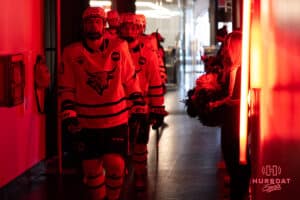 Omaha Mavericks before a college hockey game against North Dakota on March 14th, 2025 in Omaha Nebraska. Photo by Brandon Tiedemann.