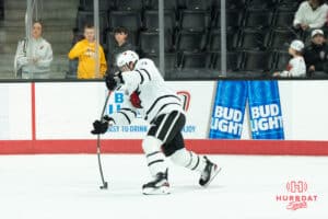 Omaha Mavericks Brady Risk shoots before a college hockey game against North Dakota on March 14th, 2025 in Omaha Nebraska. Photo by Brandon Tiedemann.