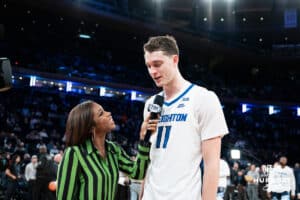 Creighton Bluejay center Ryan Kalkbrenner (11) interveiwed after the win over the DePaul Blue Demons during the Big East Basketball