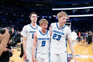 Creighton Bluejays Jackson McAndrew (23), Ty Davis, and Ryan Kalkbrenner walk off the court after the win against the DePaul Blue Demons during the Big East Basketball Tournament, Thursday, March 14, 2025, in New York, New York. Photo by Jordan Arnold.