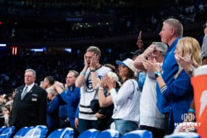 Creighton Bluejay center Ryan Kalkbrenner father celebrates against the DePaul Blue Demons during the Big East Basketball Tournament, Thursday, March 14, 2025, in New York, New York. Photo by Jordan Arnold.