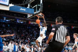 Creighton Bluejay guard Jamiya Neal (5) dunks the ball against the DePaul Blue Demons during the Big East Basketball Tournament, Thursday, March 14, 2025, in New York, New York. Photo by Jordan Arnold.