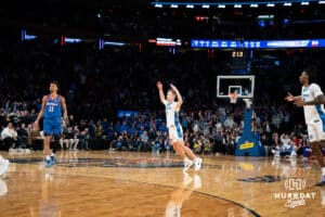 Creighton Bluejay guard Steven Ashworth (1) celebrates a three-point basket against the DePaul Blue Demons during the Big East Basketball Tournament, Thursday, March 14, 2025, in New York, New York. Photo by Jordan Arnold.